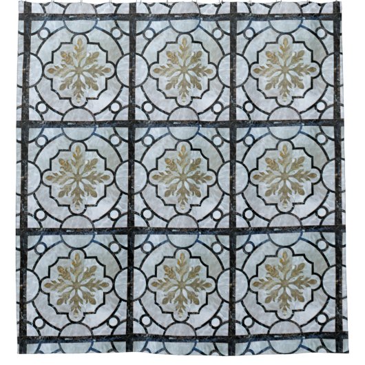 東フローラ大理石パターングレーシッシュブルー&金ゴールド シャワーカーテン (正面)