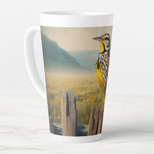 東メドウラークが柵の上に素朴止まった カフェラテマグ (左アングル)