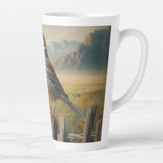 東メドウラークが柵の上に素朴止まった カフェラテマグ (右)