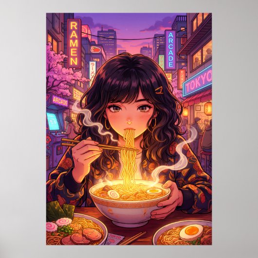 東京のネオン街でラーメンを食べるアニメの少女 ポスター (正面)
