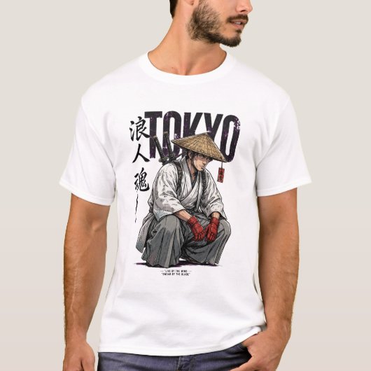東京の侍戦士 - 日本のサイバーパンク浪人 Tシャツ (正面)