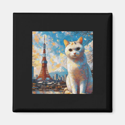 東京タワーから富士山を望む猫 マグネット (正面)