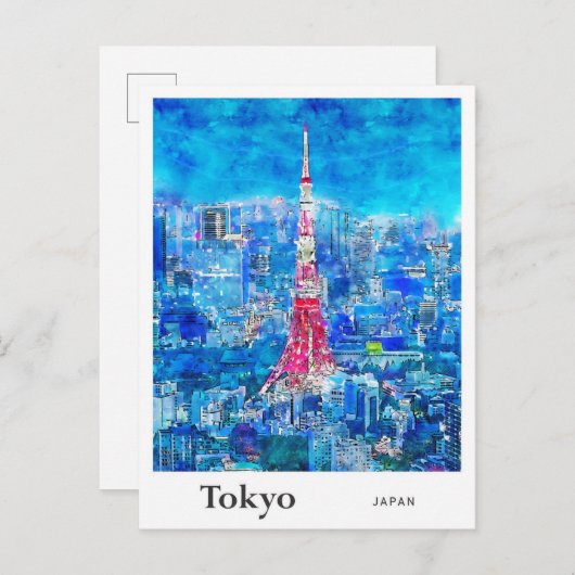 東京タワー日本の観光水彩画 ポストカード (正面/裏面)
