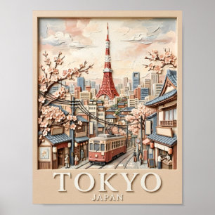 東京タワー 日本 街並み 桜 ビンテージ 旅行 ポスター