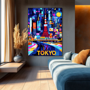 東京ネオングローカラフル幾何学的な街並み ポスター