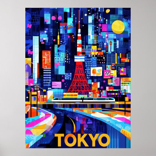 東京ネオングローカラフル幾何学的な街並み ポスター (正面)