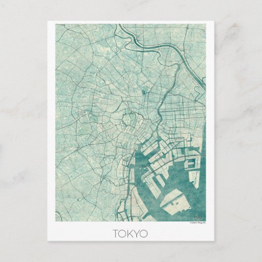 東京地図の青いヴィンテージの水彩画 ポストカード (正面)