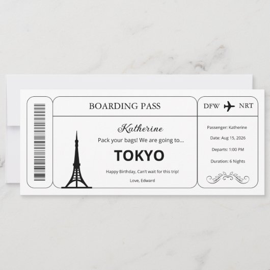 東京旅行搭乗券チケットのカスタムバウチャー 招待状 (正面)