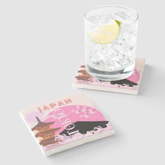 東京日本レトロ旅行芸術ピンク ストーンコースター (横)