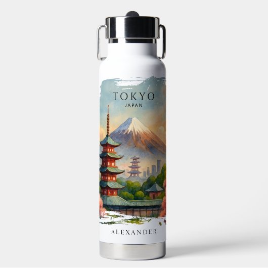 東京日本都市景観水彩お土産Tシャツ ウォーターボトル (正面)