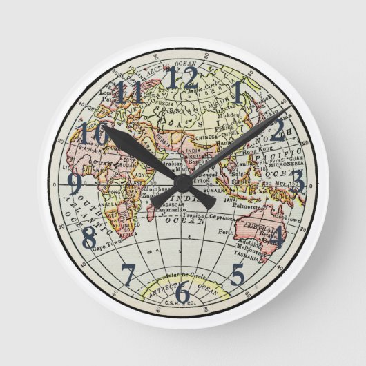 東半球の地図と旅行アート ラウンド壁時計 (正面)