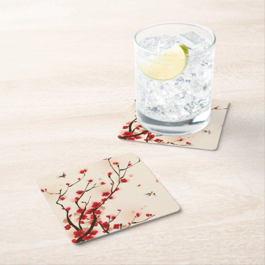 東洋のスタイルの絵画、春2のプラム花 スクエアペーパーコースター (インサイチュ)