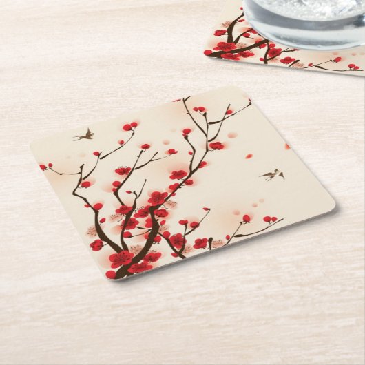 東洋のスタイルの絵画、春2のプラム花 スクエアペーパーコースター (アングル)