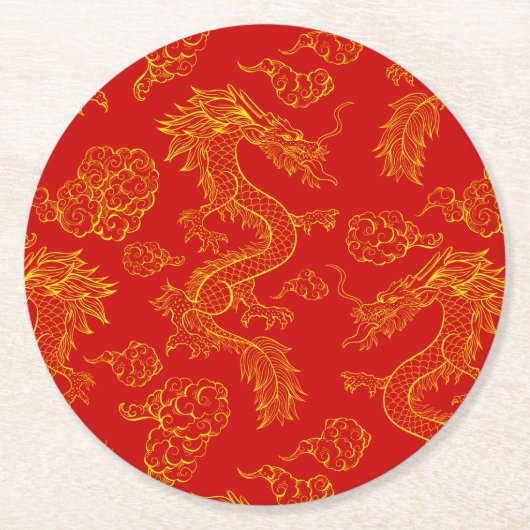 東洋のドラゴンの図柄 金と赤 ラウンドペーパーコースター (正面)