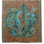 東洋のペイズリーパターン水彩画および金ゴールド シャワーカーテン (正面)