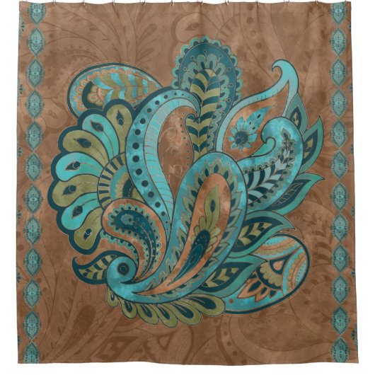 東洋のペイズリーパターン水彩画および金ゴールド シャワーカーテン (正面)