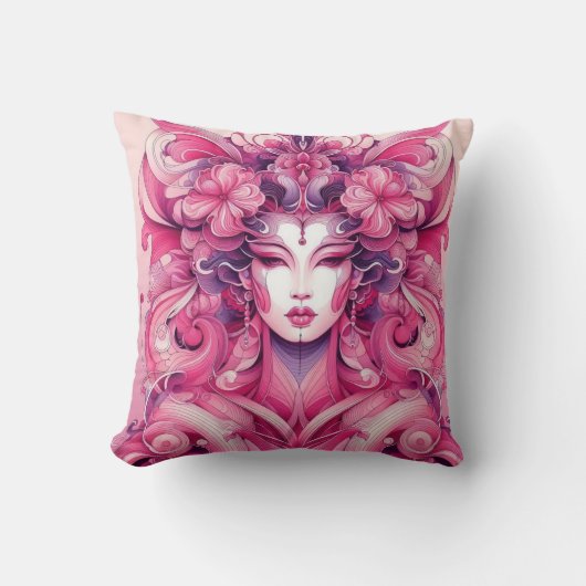 東洋の抽象芸術を表す芸者ピンクの花 クッション (正面)