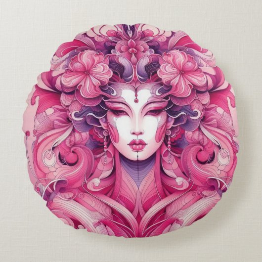 東洋の抽象芸術を表す芸者ピンクの花 ラウンドクッション (正面)