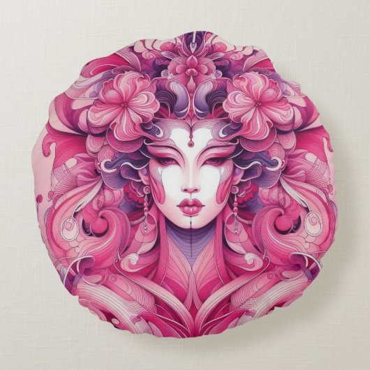 東洋の抽象芸術を表す芸者ピンクの花 ラウンドクッション (裏面)