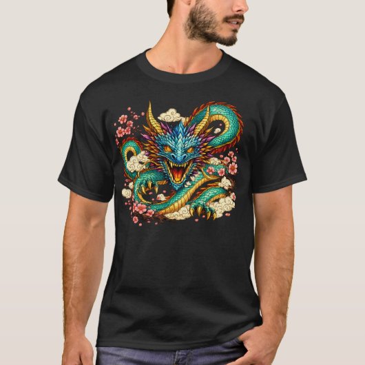 東洋の竜と桜の幻想芸術 Tシャツ (正面)