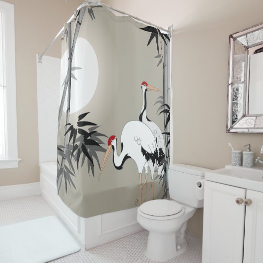 東洋の竹と鶴が夕暮れ シャワーカーテン (インサイチュ)