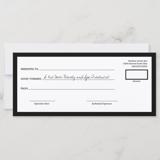 東洋の竹葉のスパ禅のギフト証明書 (裏面)