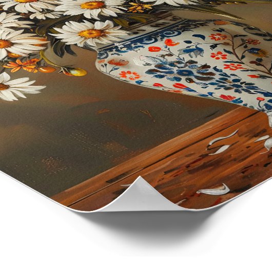 東洋の花瓶のデイジーの中の白い絵を描 ポスター (角)