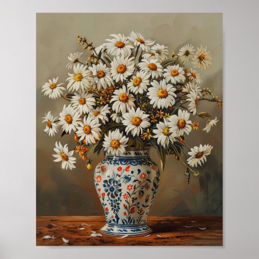 東洋の花瓶のデイジーの中の白い絵を描 ポスター (正面)