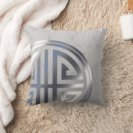 東洋の装飾用の長い生命記号の銀製灰色 クッション (ブランケット)