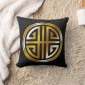 東洋の装飾用の長い生命記号|の黒い金ゴールド クッション (ブランケット)