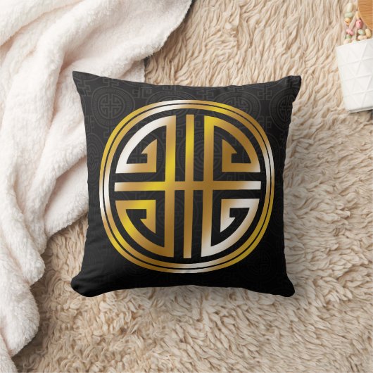 東洋の装飾用の長い生命記号|の黒い金ゴールド クッション (ブランケット)