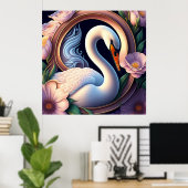 東洋エレガントの花の水彩白鳥 ポスター (ホームオフィス)