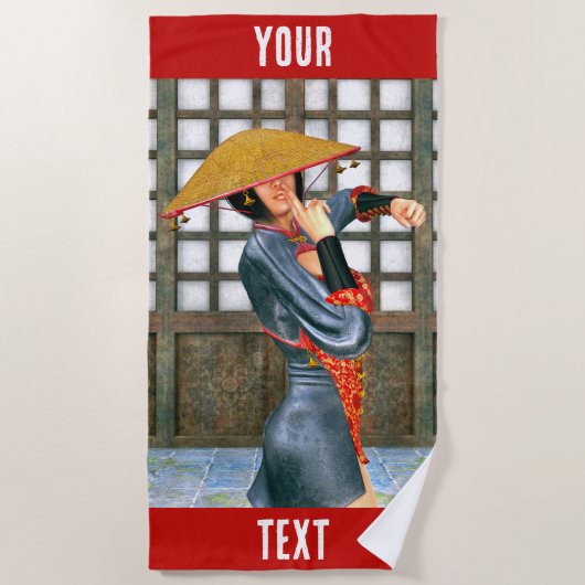 東洋ファンタジー風の神秘的な戦士姫 ビーチタオル (正面)