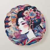 東洋抽象芸術芸者ピンク花波 ラウンドクッション (裏面)
