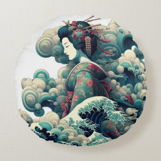 東洋抽象芸術芸者神奈川波雲 ラウンドクッション (正面)
