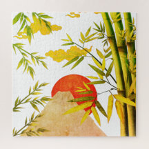 東洋日本のの山の日の出と竹