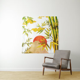 東洋日本のの山の日の出と竹 タペストリー