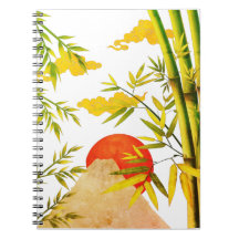 東洋日本のの山の日の出と竹