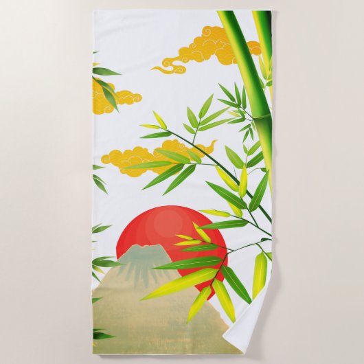 東洋日本のの山の日の出と竹 ビーチタオル (正面)