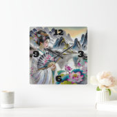 東洋芸者の婦人、山と蓮 スクエア壁時計 (ホーム)