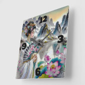 東洋芸者の婦人、山と蓮 スクエア壁時計 (傾斜)