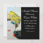 東洋風の黄色のターバンを巻いた女性の結婚前お披露目会 招待状 (裏面)