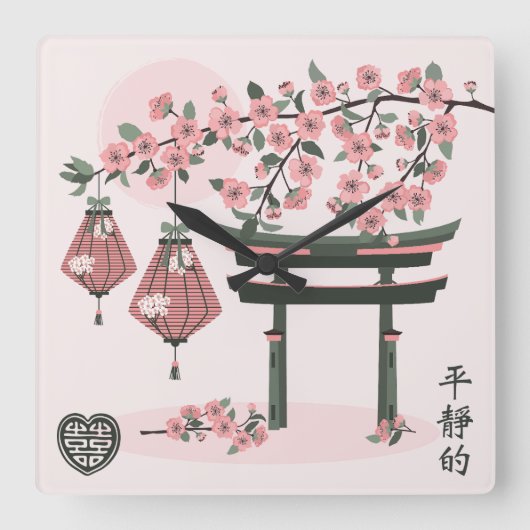 東洋風景灯篭と花のデジタルアート スクエア壁時計 (正面)