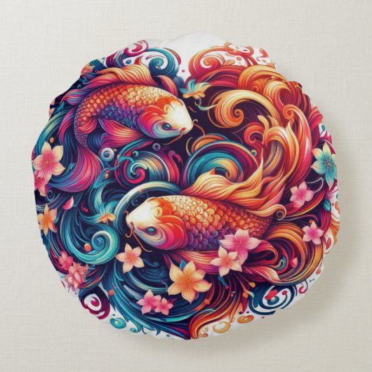 東洋鮮やか抽象芸術コイの魚と波 ラウンドクッション (裏面)