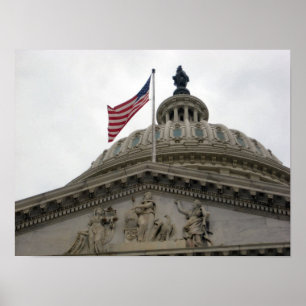 東米国旗が付いている米国の国会議事堂の建物- ポスター