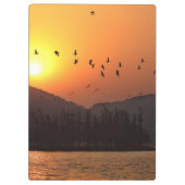 東飛んでいる湖上空の夕日の空の鳥写真 クリップボード (裏面)