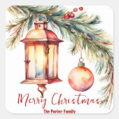 松とホリーベリーのクリスマス付きランタン スクエアシール (正面)