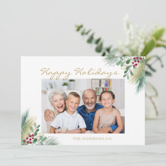 松と果実の写真ハッピーホリデー シーズンカード (スタンド正面)