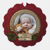 松と金ゴールドエレガントのフレーム初めてのクリスマス写真 オーナメントカード (正面)