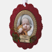 松と金ゴールドエレガントのフレーム初めてのクリスマス写真 オーナメントカード (左)